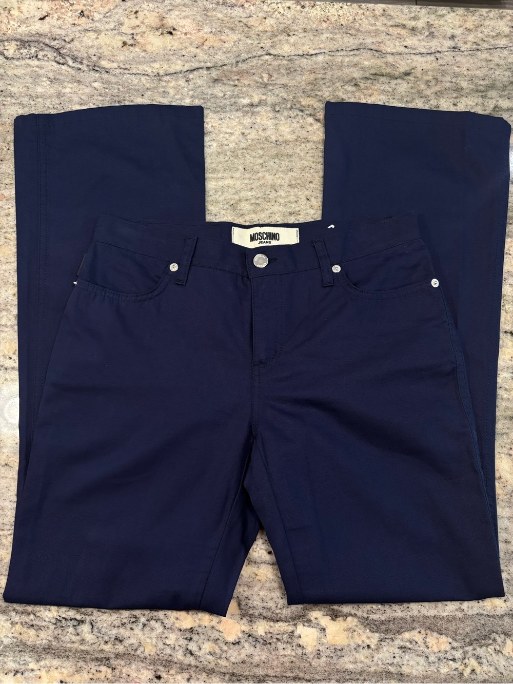 Never Worn! Moschino Denim Indigo Midrise Bootcut Flared Full Length Denim Sz 28